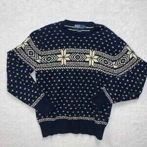 VTG Polo Ralph Lauren Sweater Mens L Blue Tan Festive Linen Cotton Blend Button